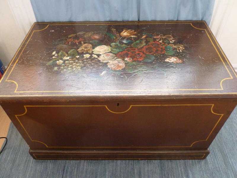 Antique painted wooden chest with hand-painted floral design - c1930s