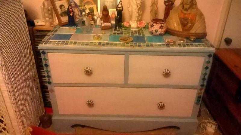 Antique pine, cupboard and chest of drawers plus decorated chest of drawers and wooden chest.