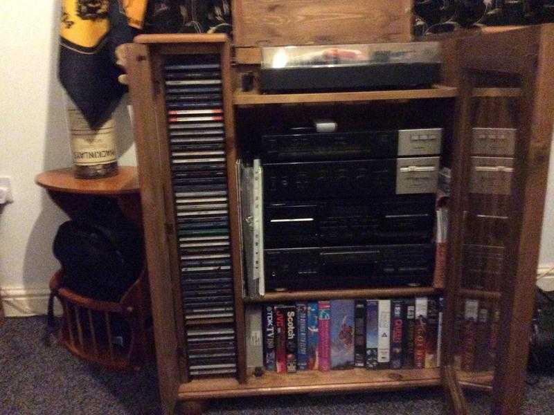 Antique pine finish hi-fi storage unit cw space for 100 cds