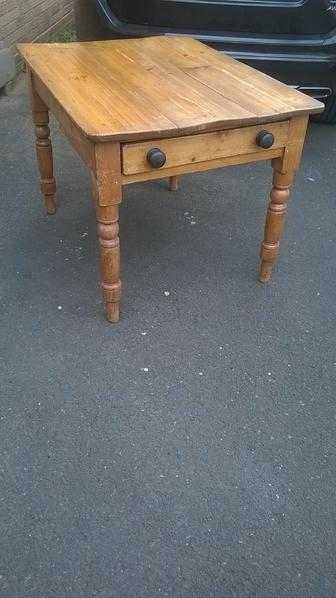 Antique pine table, cupboard and chest of drawers plus decorated chest of drawers and wooden chest.