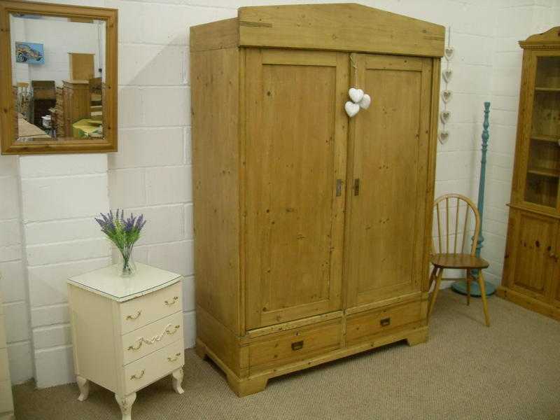 ANTIQUE PINE WAXED WARDROBE DOUBLE WITH 2 DRAWERS - CAN COURIER