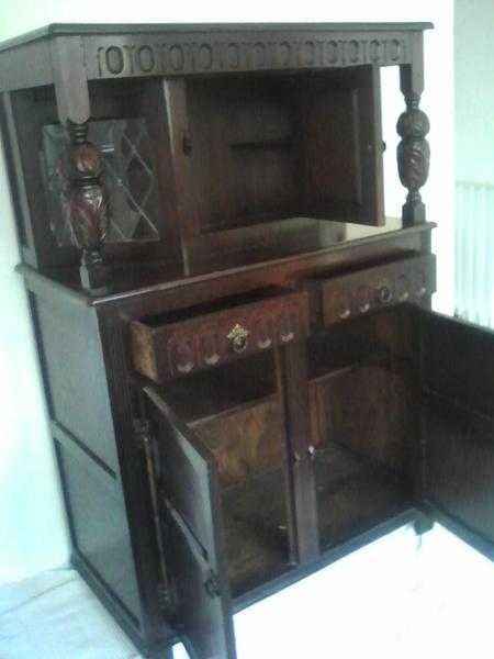 antique priory oak court cupboard.stool lamp and firescreen