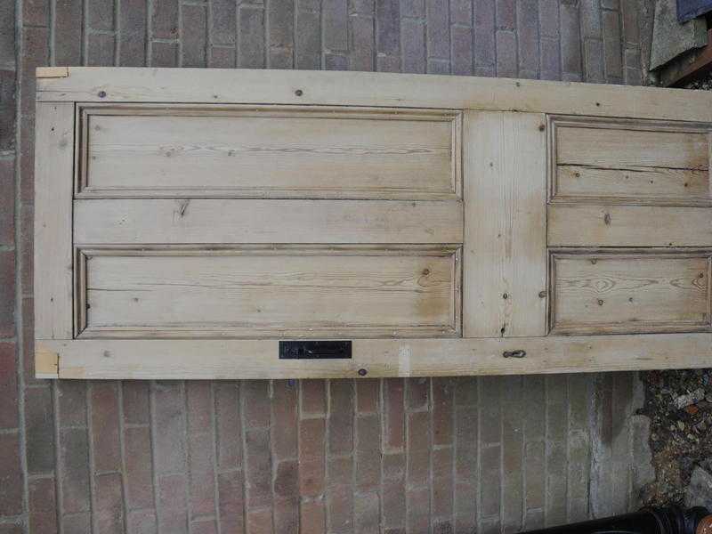Antique Reclaimed Victorian Solid Stripped Pine Four Panel Internal Door And Black Metal Thumb Latch