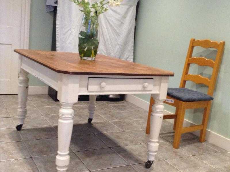 Antique Victorian Shabby chic cream Oak Kitchen Dining Table with end drawer, turned legs castors