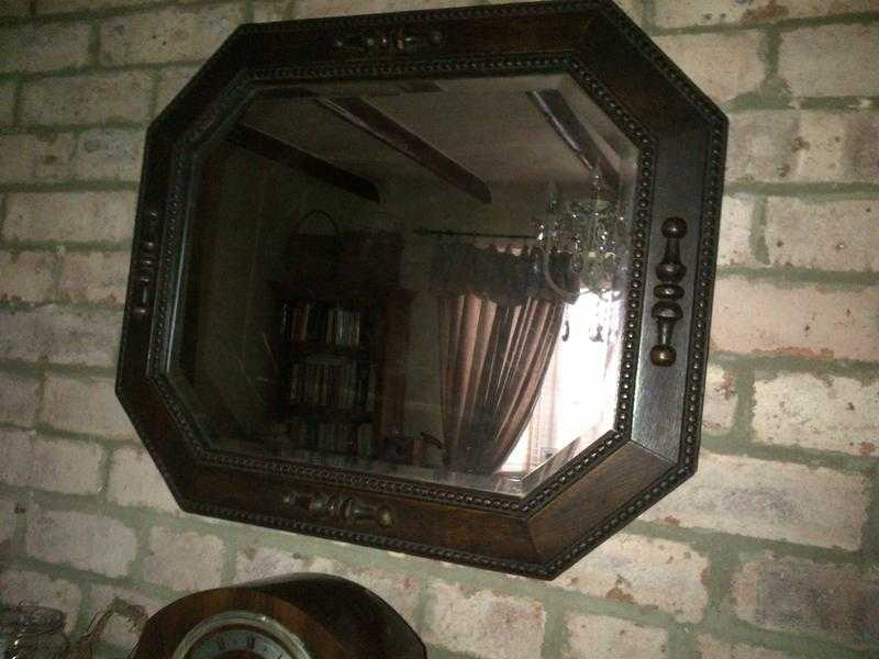 Antique vintage all original Victorian C1890 dark wood octagonal wall mantle mirror bevelled glass