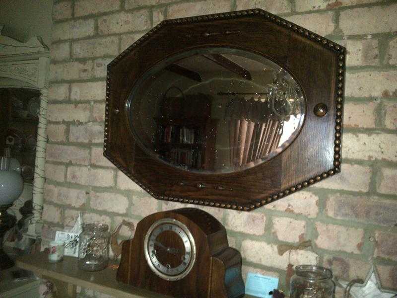 Antique vintage all original Victorian C1890 dark wood octagonal wall mantle mirror bevelled glass