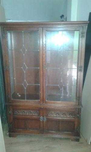 Antique wood  glass display cabinet Leaded Glass