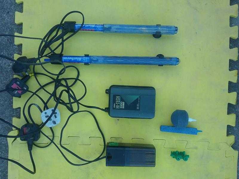 Aquarium Equipment including Two Heaters a Twin Outlet Air Pump and Small Filter