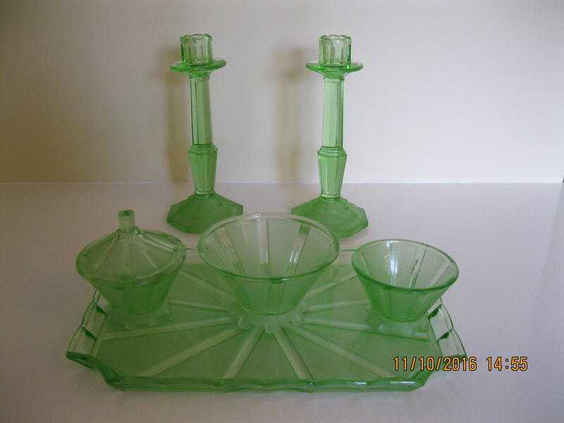 Art Deco Green Glass Dressing Table Set