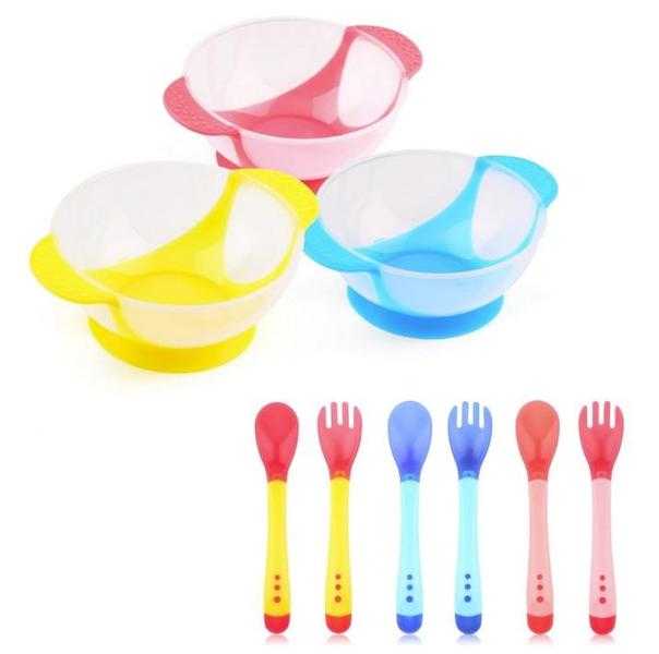 Baby Infants feeding Bowl With Sucker and Temperature Sensing Spoon Suction Cup Bowl Slip-resistant