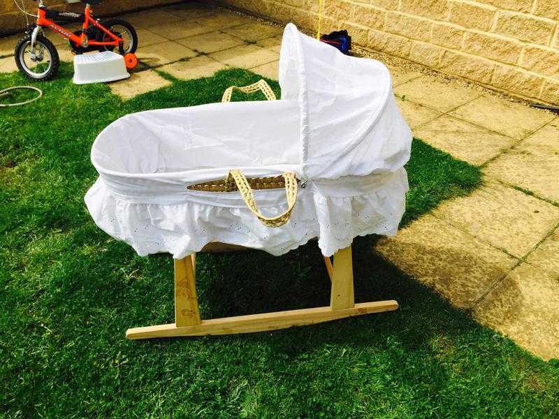 Beautiful white Moses basket and rocker stand for sale