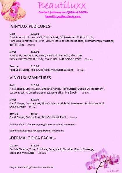 Beautiluxx Treatments and Price List (Manicures, Pedicures and Facials), Coventry