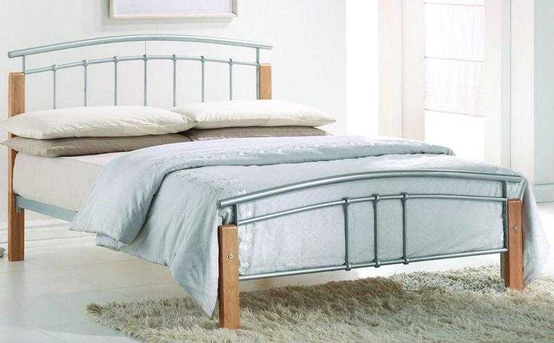 Bed frame (double) with beech posts and silver framework