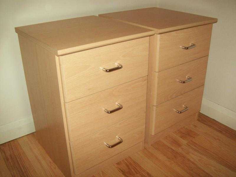 Bed side 3 draw cabinets in Beech and Chrome.