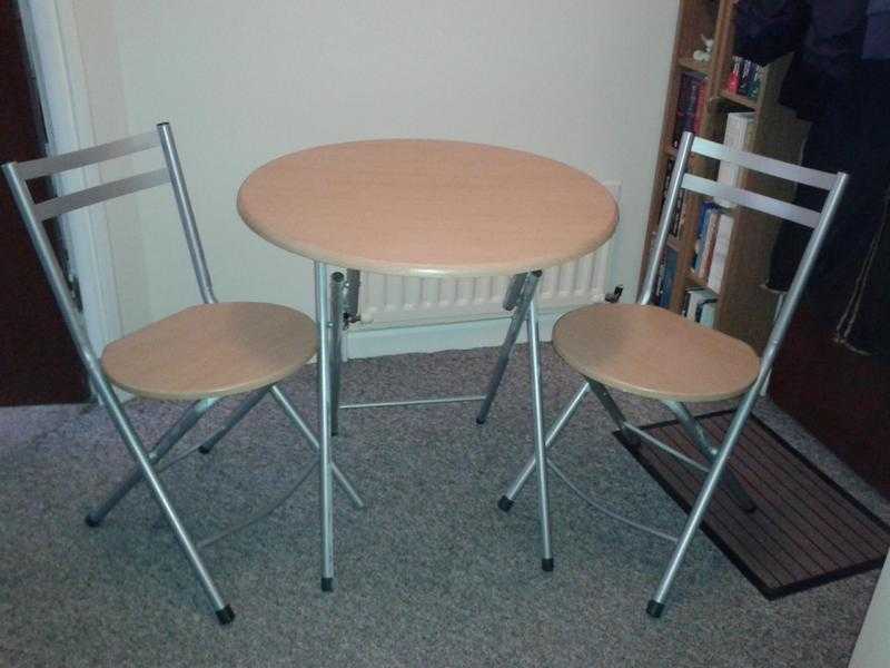 Beech effect folding bistro table and two matching chairs