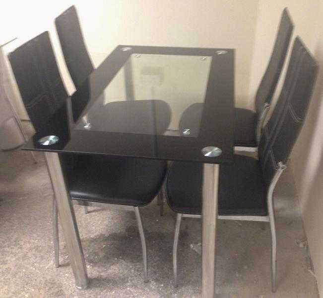 BLACK DINING SET WITH 4 CHAIRS, GLASS TABLE WITH 4 FAUX LEATHER CHAIRS