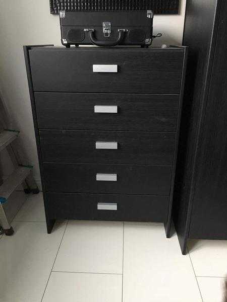 Black Double Mirrored Wardrobe And Matching 5 Drawer Chest