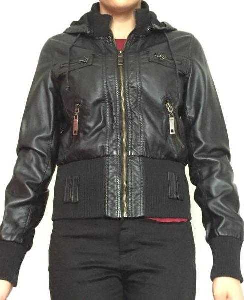 black leather hooded jacket