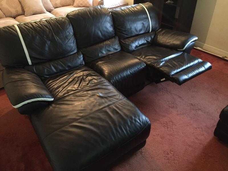 Black Leather Reclining Sofa with Footstool