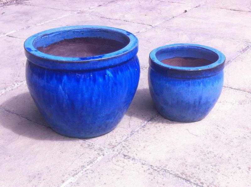 Blue ceramic plant pots