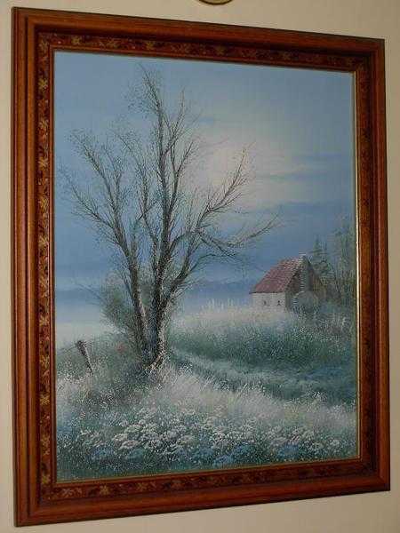 Blue oil painting of a country cottage.