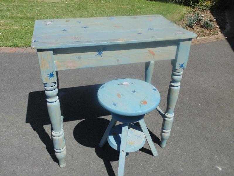 Blue painted desk with matching circular stool