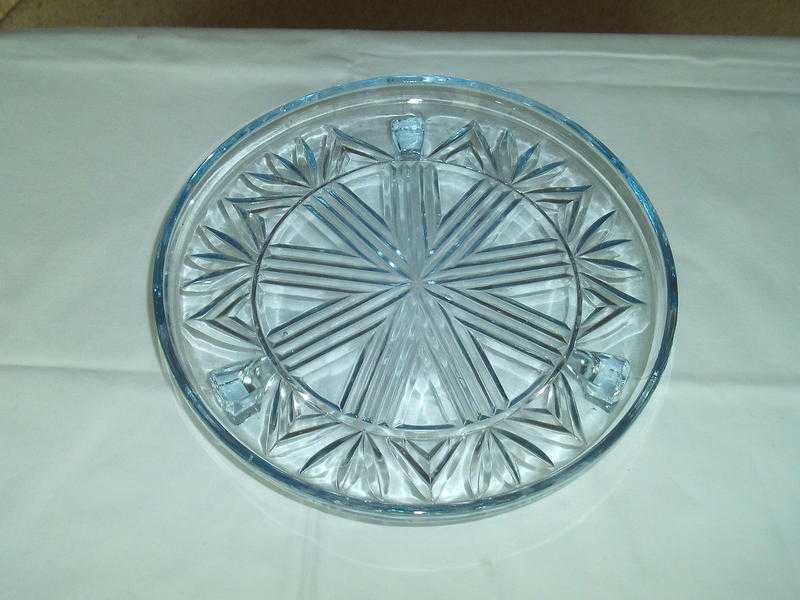 Blue pressed glass 3 footed cake standplate