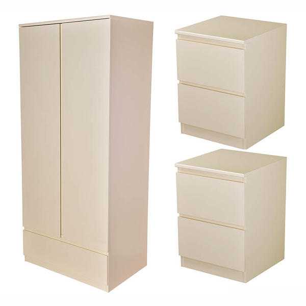 BNIB Wren Living Milano 2 Door 1 Drawer Wardrobe in Cream Gloss amp 2 Drawer Bedside Chests Cabinets