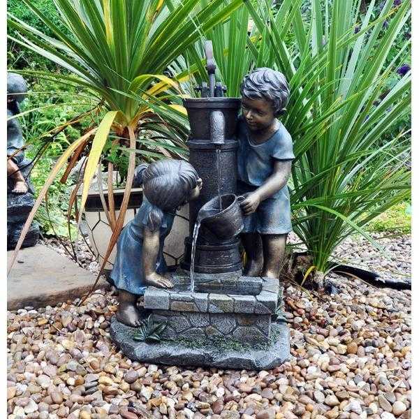 Boy amp Girl Hand Pump Garden Water Feature with LED light (Brand New)