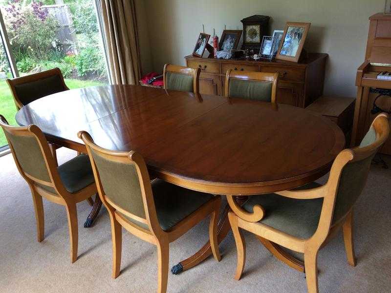 Bradley Dining Room table in Yew veneer  , six chairs  and  matching sideboard