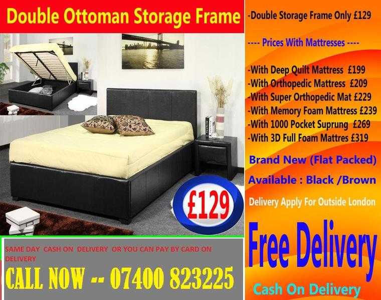 BRAND NEW 4.6ft Double Leather Ottoman Storage Lift Up Bed with Full Orthopedic Double  Mattress