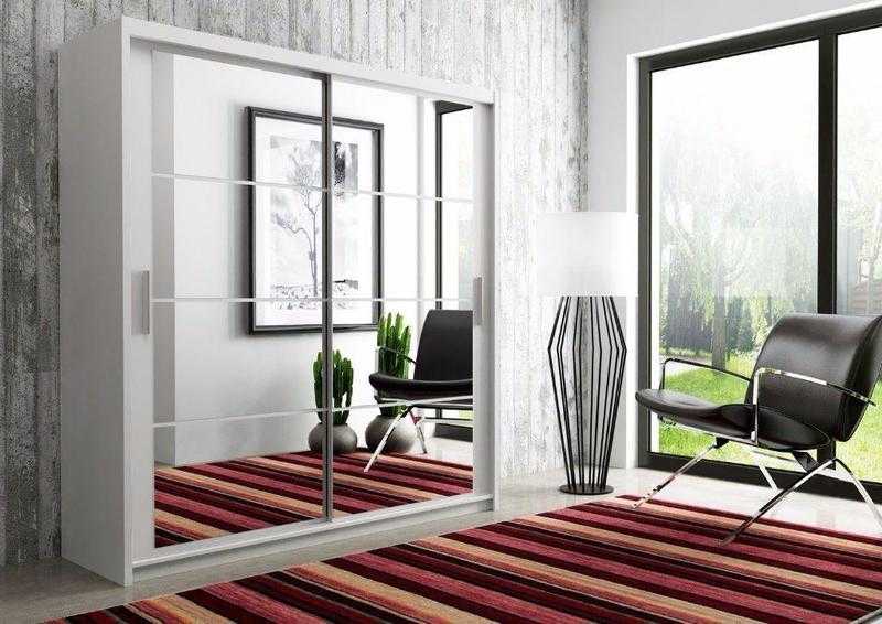 Brand New Dexter Sliding Door German Wardrobe in White and Black Colors Available Width 160cm, 203cm