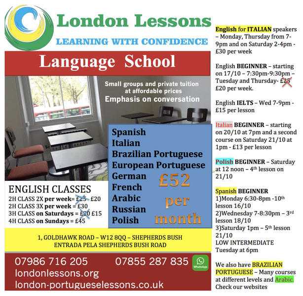 Brazilian Portuguese, Spanish, Italian, English, Polish, French, Arabic and Mandarin lessons