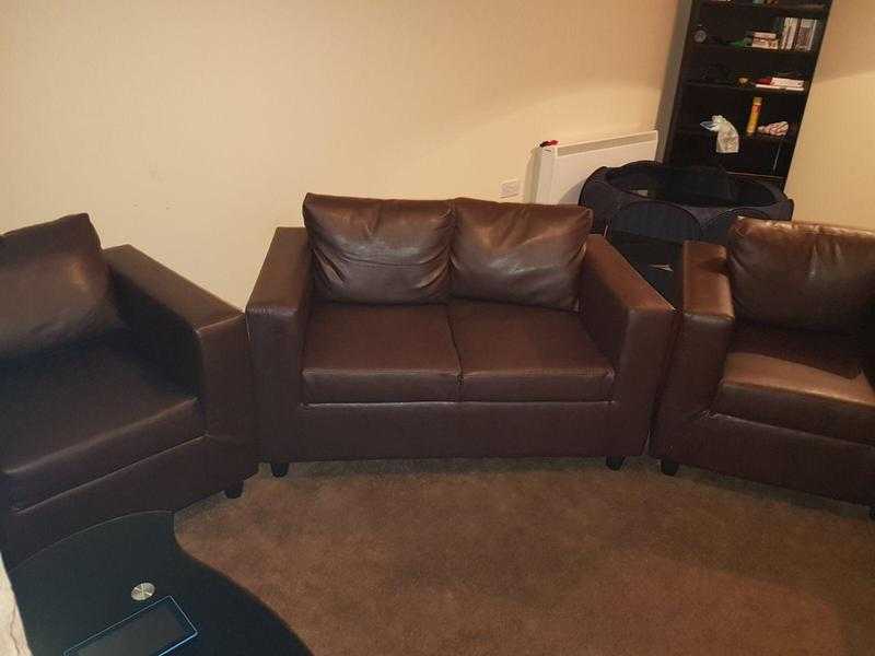 Brown 2 seater sofa with 2 armchairs