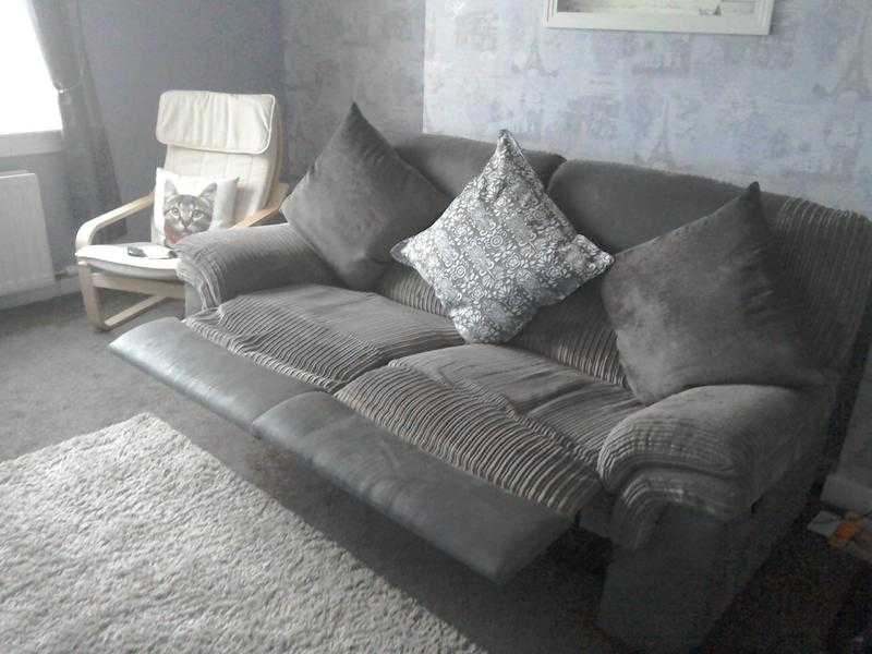Brown dfs fabric and faux leather recliner sofa for sale