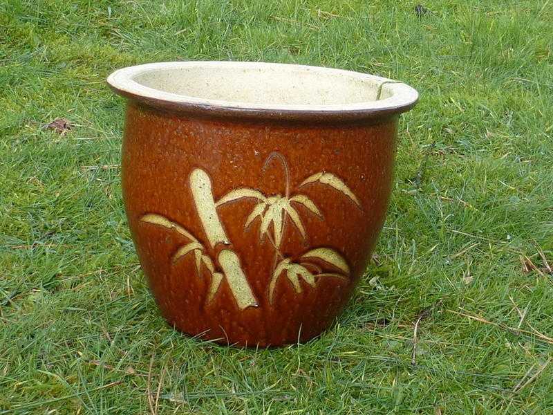 Brown Glazed Ceramic Garden Pot Garden Planter with Bamboo detailing 26cm Dia