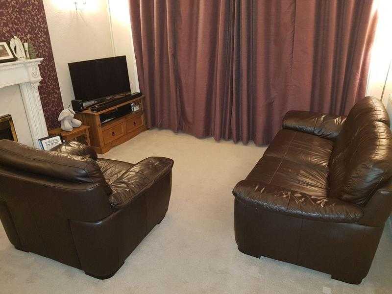 Brown leather 3 seater sofa and armchair