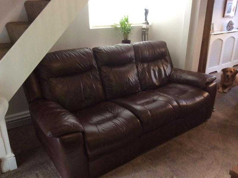 Brown leather reclining 3 seater sofa