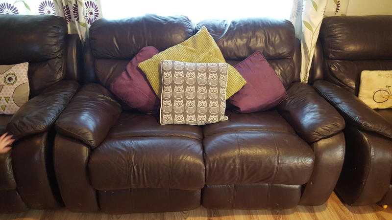 Brown leather sofa and 2 chairs