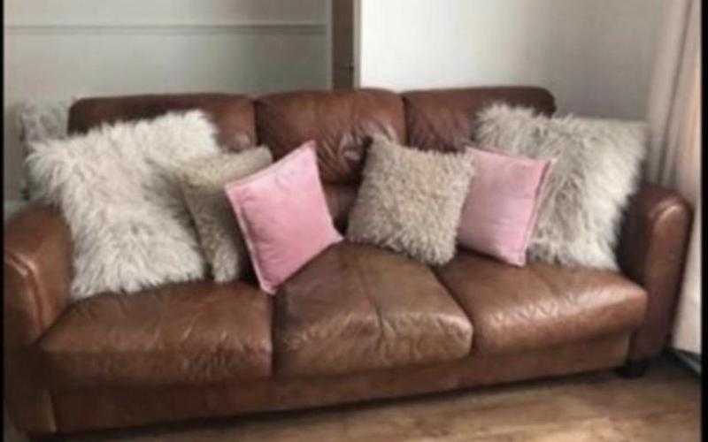 Brown leather sofa and x2 armchairs