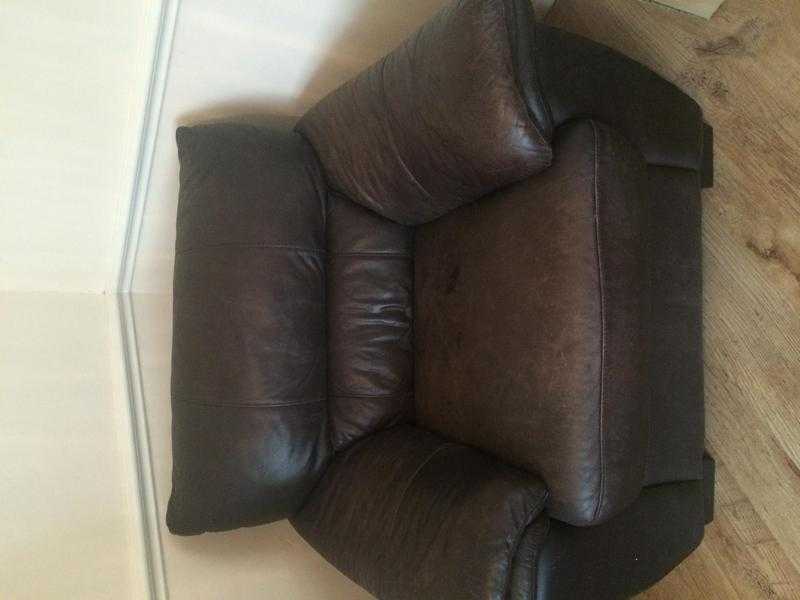 Brown leather sofa, armchair amp footstool