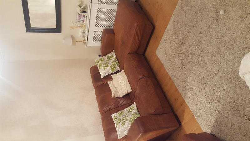 Brown leather sofa, chair and footstool for quick sale.