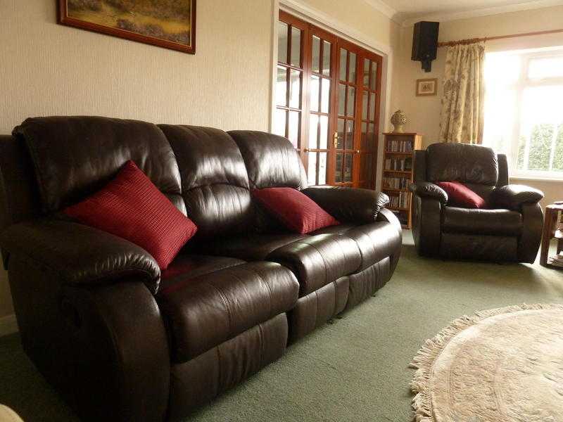 brown leather three piece suite with recliners