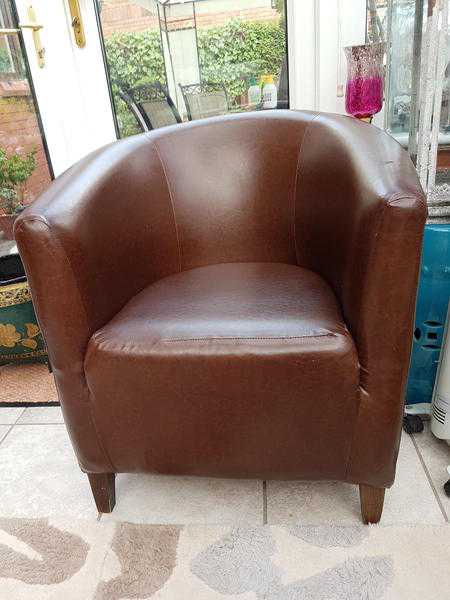 BROWN LEATHER TUB CHAIR GOOD COND - A GREAT CHAIR FOR BACK SUPPORT