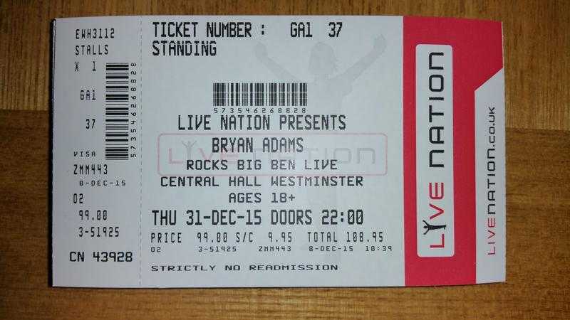 Bryan Adams Rocks Big Ben Tickets x 2