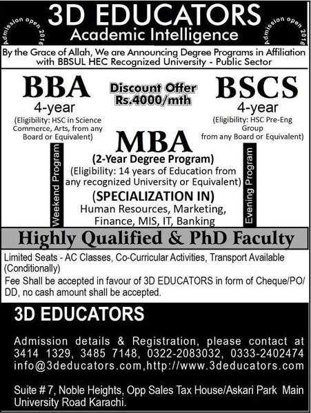 BS(CS), BBA amp MBA For Only Rs.4000Month By 3D Educators