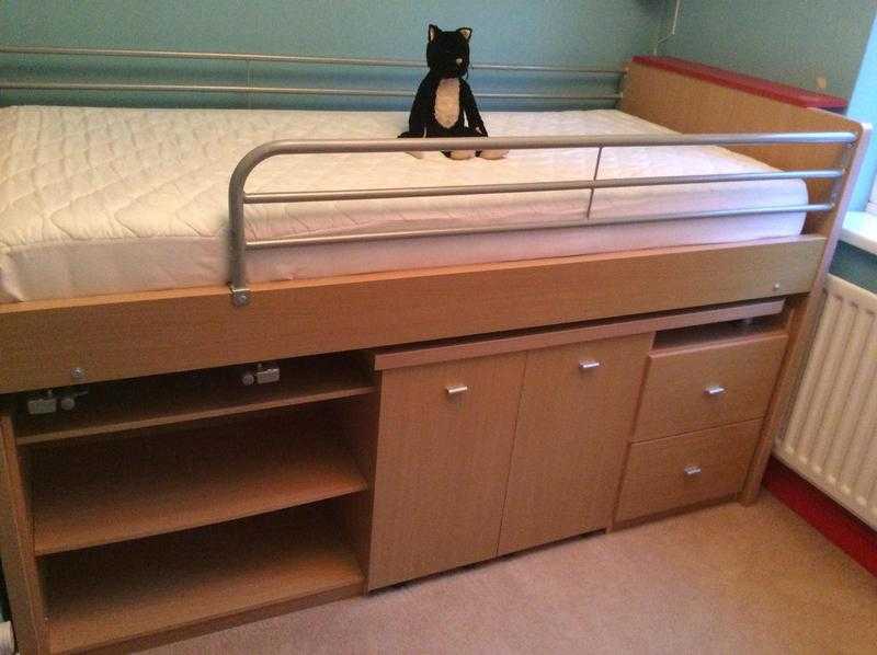 Cabin bed with pull out desk and storage.