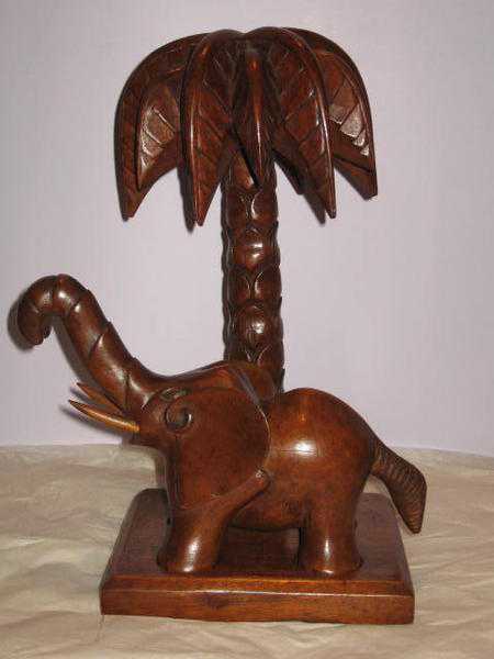 Carved Hardwood African Elephant under Palm Tree