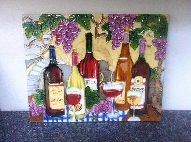 Ceramic tile wall plaque Hand crafted wine amp grapes Brand New in original packaging