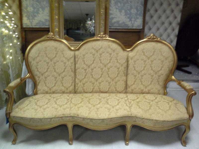 Chaise Lounge Gold fabric french Louis 3 seater sofa